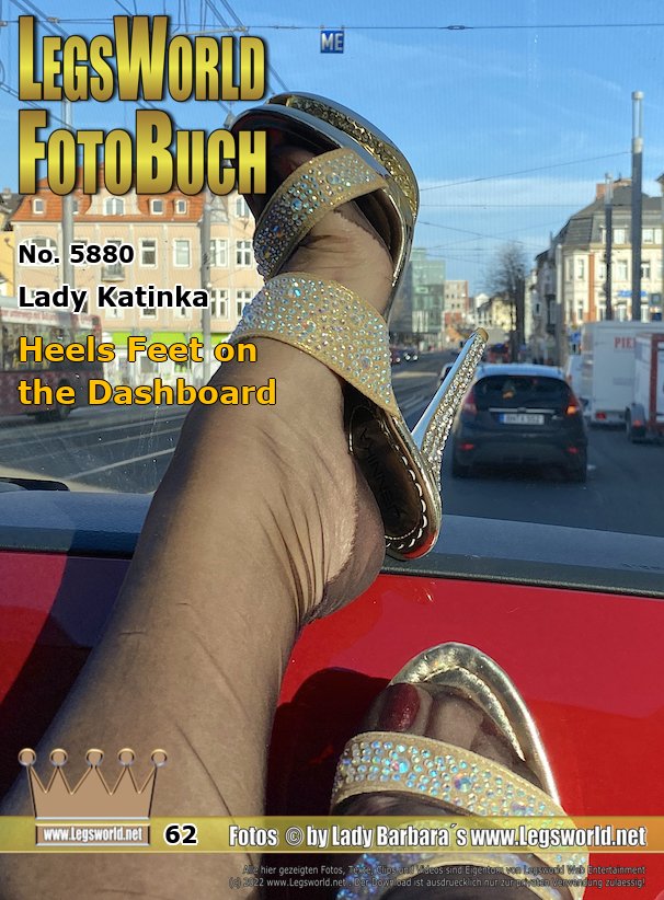 Ebook: 5880 - Lady Katinka
Heels-Feet on the Dashboard
On a trip through Bonn, Katinka shows her feet in sheer mocha-colored nylons and 15cm high rhinestone mules with plateau. She keeps her feet on the dashboard with and without shoes while sitting on the passenger seat and takes pictures of herself.
