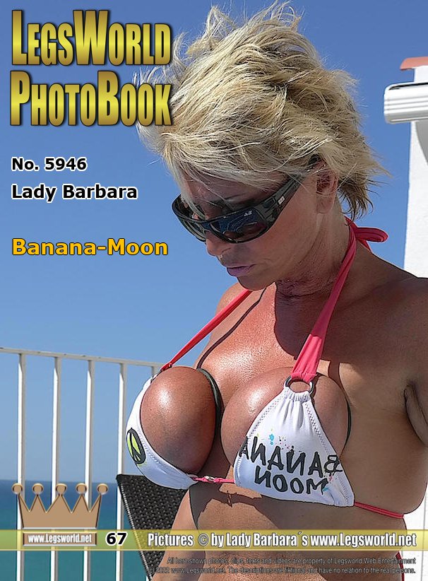 Ebook: 5946 - Lady Barbara
Banana-Moon
Here I am posing at the pool in a charming bikini and silver rhinestone sandals. I like it when they are glittering in the sun. And for he friends of breast bondage, I put tight rubber rings around my titts. I like it, when my titts look and feel like balloons. Who wants to touch my long pussy lips behind the slip? It´s pretty wet there.
