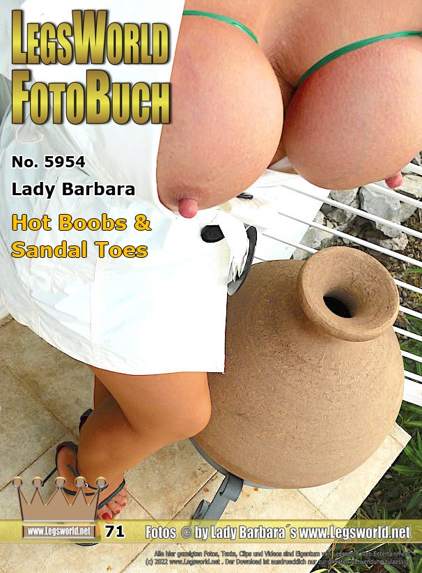 Ebook: 5954 - Lady Barbara
Hot Boobs & Sandal-Toes
In the bedroom I had previously tied my boobs with office rubbers. Then I went out on the balcony in a white summer coat and had some pictures taken. Under the coat Im wearing skin-colored sheer tights and on my feet black strappy sandals. I think you could see my bound boobs from the street. Well, wouldnt you have liked to come up, nibble on my hard, long nipples and then jerk your hot sperm on my long, red-polished toenails?