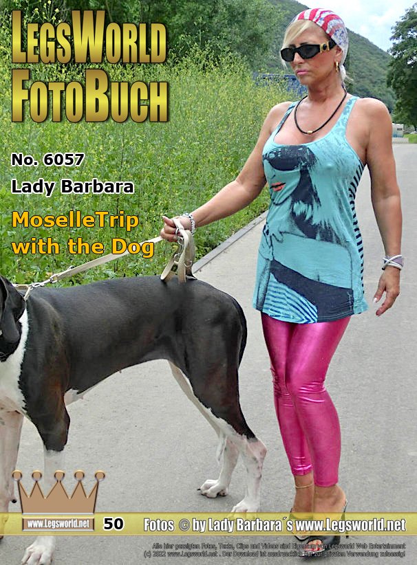 Ebook: 6057 - Lady Barbara
MoselleTrip with the Dog
Last weekend we had made a trip with the dog into the region of Eifel and Mosel. Sometimes I dont know who is more striking the men: the dog or me with my long toenails and the hard, long nipples who want to come through the material of my top. Here I go for a walk in tight leggings and high-heeled mules on the Moselle river with my dog.