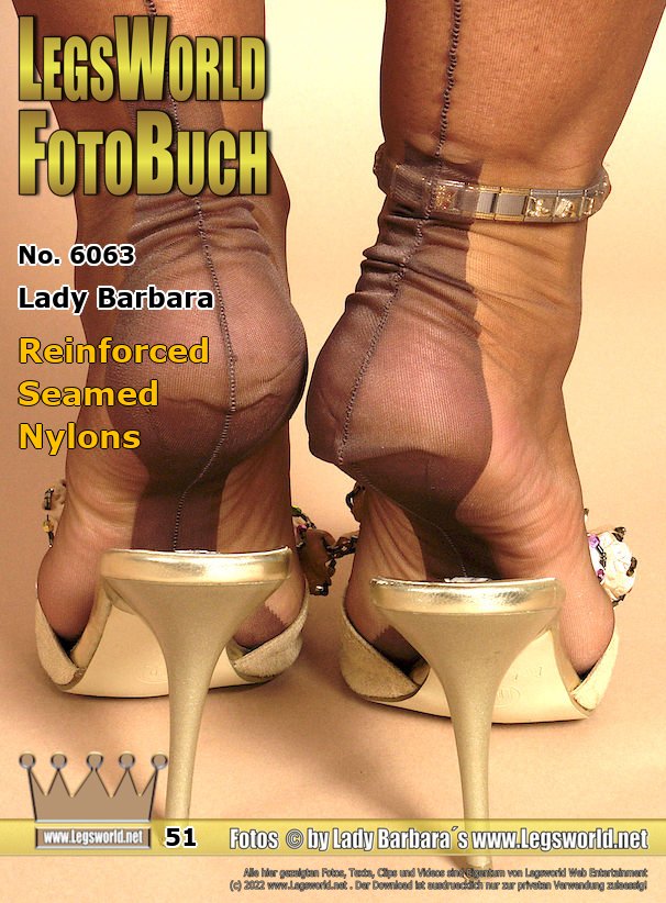 Ebook: 6063 - Lady Barbara
Reinforced Seamed Nylons
These ultra-sheer real seamed nylons have a great reinforced sole. I think they go very well with my golden brown flower mules. You can see beautiful close-ups, including my long red claws over which the delicate nylon of my stockings is stretched. Do you want to come more near with your nose and  smell my stinks nylon-footsoles?