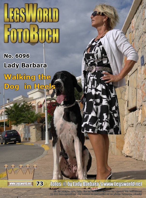 Ebook: 6096 - Lady Barbara
Walking the Dog  in Heels
The bikini season is slowly coming to an end in Spain too, and when I go for a walk with my dog, I am dressed a little more and a little more elegantly than in summer. Here I am wearing a black and white dress and 14 cm high black and white mules. Im curious to see who will watch me again today.