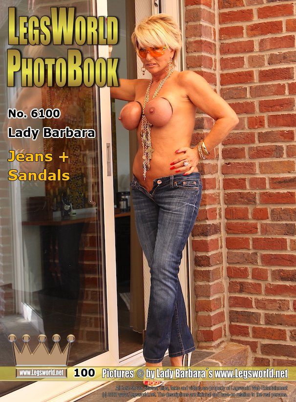 Ebook: 6100 - Lady Barbara
Jeans + Sandals
For jeans lovers, Im starting this month with a topless series with tightly constricted breasts. Im wearing tight bluejeans and 16 cm high white strappy sandals with thin toe straps and without nylons. See by bare toes with the long nails. So, whats on? Would you like to knead my golden brown high-gloss balls or suck on my permanently stiff nipples? Or are you a fan of the lower basement and you love to smell my stinky toes?