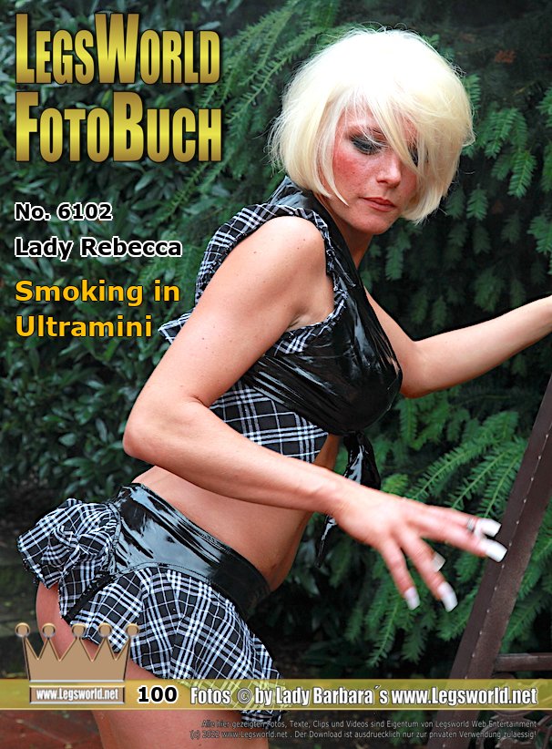 Ebook: 6102 - Lady Rebecca
Smoking in Ultramini
In a patterned mini skirt, Lady Rebecca smokes one cigarette after the other on the old garden swing. Again and again she blows the hot smoke towards the camera. While she balances on 16cm high mules, the ultra-short mini skirt barely covers the hot blondes buttocks. Id rather call it a buttocks-show-off-skirt.