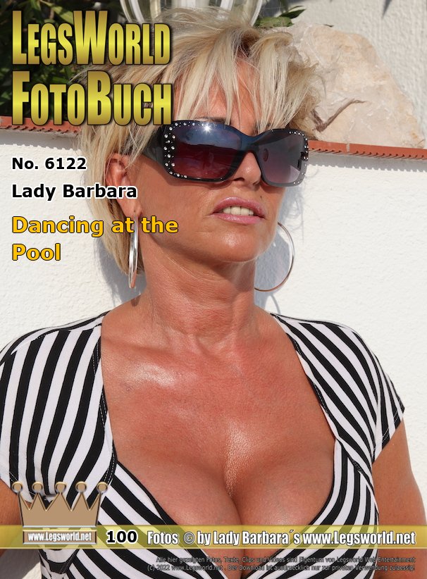 Ebook: 6122 - Lady Barbara
Dancing at the Pool
Here I am dancing on old rock songs, dressed in a black and white top and a tight black leggings under which you can clearly imagine my horny ass cheeks. On the feet I wear high-heeled sandals with Rhinestones, which glitter pretty fine in the sun. Of course I also show my big boobs for you, and you can see my stiff and horny nipples.