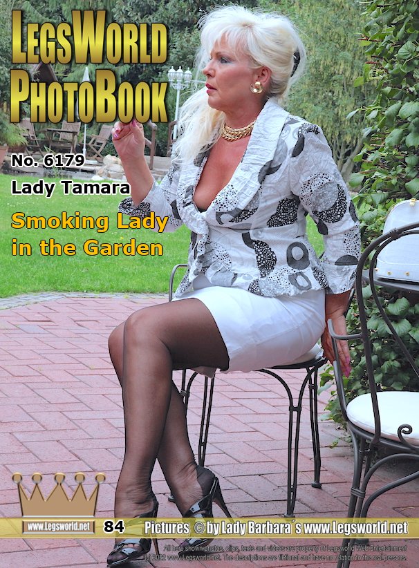 Ebook: 6179 - Lady Tamara
Smoking Lady in the Garden
On a cool day, the chief secretary Tamara sits in the garden and smokes one cigarette after the other. The hot blonde would certainly be the right partner for someone who loves extravagant, mature women who put on make-up for hours and then blow, perfectly styled, their cigarette smoke into the face of their loved one. He stares at her perfectly manicured feet with the  long toenails, which are spanned by ultra sheer nylon stockings.