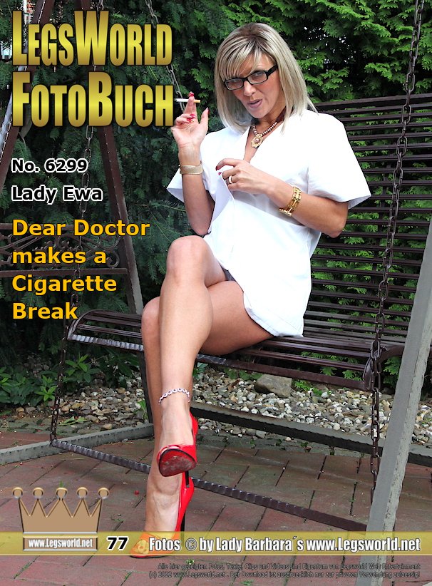 Ebook: 6299 - Lady Ewa
Dear Doctor makes a Cigarette Break
Dr. Ewa takes a short smoke break on the antique garden swing before examining the suitability of the next patient. As usual, the Polish doctor only wears a white blouse, tight briefs and 16 cm high red patent leather pumps with toe opening during testicular examinations. If that doesnt work, nothing works anymore, she says.