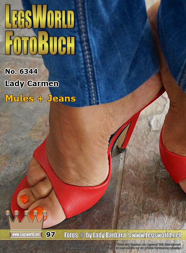 Ebook: 6344 - Lady Carmen
Mules + Jeans
Brazilian Carmen from Wuppertal is showcasing her sexy, bronzed feet (nice hammertoes!) with the red nails in 15 cm high heeled red mules. On her legs she is wearing a blue jeans and on top only a black bra at the beginning. Later she is topless. Who wants to jerk on her toes or into her mules, till the sperm comes out between her toes?
