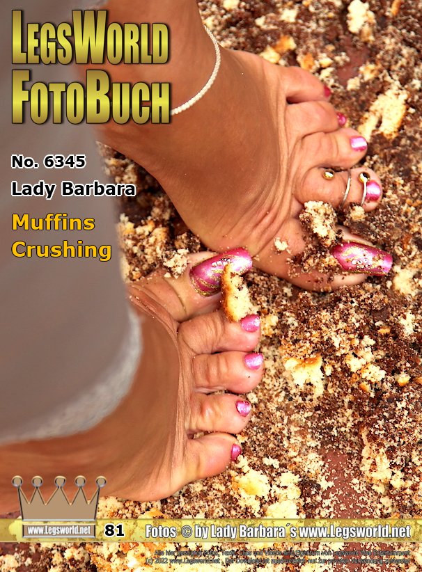Ebook: 6345 - Lady Barbara
Muffins Crushing
Here I show you, how I am crushing some muffins. See in many closeups and video clips, how I stick my long toenails into the muffins and how my toes make only small crumbs from them. At the end I show you how dirty my naked footsoles are and full of crumbs. Inclusive 12min HD-Video.