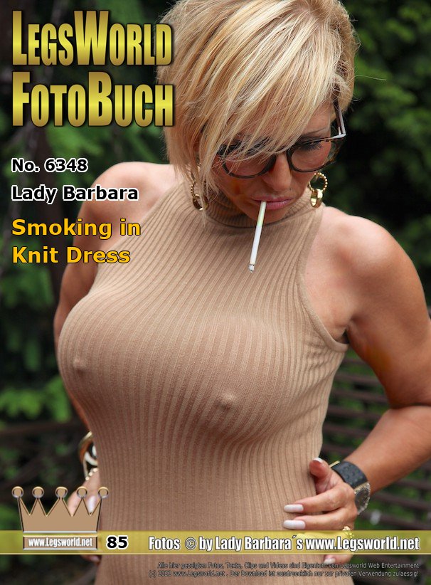 Ebook: 6348 - Lady Barbara
Smoking in Knit Dress
Here I am posing for you in a tight cappucino knit dress and red shiny platform mules in the garden, while I am smoking cigarettes. I have bound mit tits tight with some rubber rings under the knitwear, so that  my permanent stiff nipples seem to come through the sheer fabric. Before the shooting I was on the solarium. You can see my sun tanned feet - a good contrast to my white foot soles.