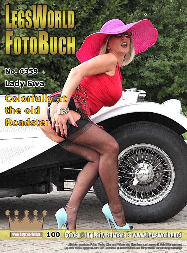 Ebook: 6359 - Lady Ewa
Colorfully at the old Roadster
For fans of colorful design, Lady Ewa poses in a pink hat, red top, a checked tartan mini and blue stiletto pumps in front of an old English roadster. In addition, of course, she wears ultra-sheer black nylons with seams. Is anyone is watching the sexy Polish mare? One of her car park friends from the Neuss forest car park?