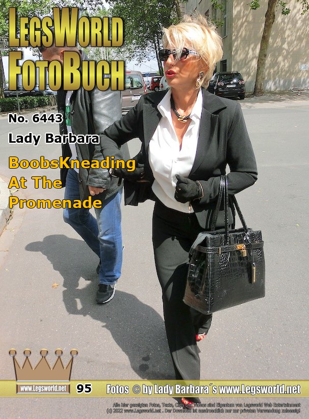 Ebook: 6443 - Lady Barbara
BoobsKneading At The Promenade
I have a date with member Orkan on the Rhine promenade in Düsseldorf. I wear a pantsuit, high-heeled platform sandals and a white blouse with (underneath) rubber rings around my boobs. See in photos and slow motion video how I rock my laced breasts ... and in the pictures, how greedily Orkan kneads my boobs on the promenade in front of the people.
