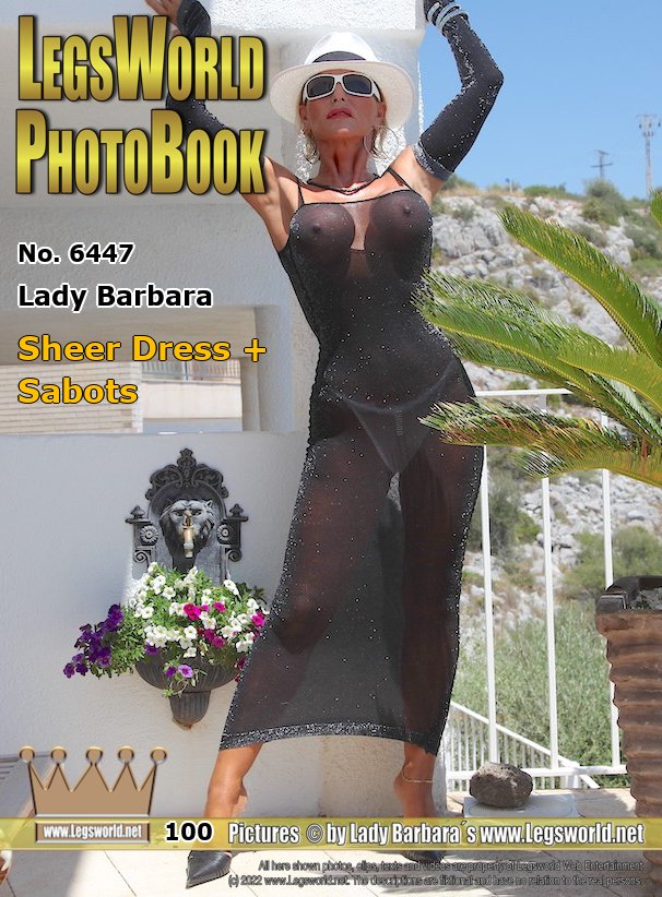 Ebook: 6447 - Lady Barbara
Sheer Dress + Sabots
In a transparent tight evening dress, white hat and elegant black sabots I pose for you in the sun and show you my tightly laced boobs under the thin dress by the pool. My white panties are also clearly visible under the thin fabric. Should I go out to a disco like that? Incl. Slow motion video.