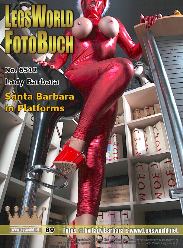 Ebook: 6512 - Lady Barbara
Santa Barbara in Platforms
For fans of hot platform sandals I am posing today to Santa Claus in a red crotchless spandex overall with tightly laced tits. I also wear a pair of red lacquer sandals with a platform and a red Christmas cap. In the close-ups you can clearly see my black and blue lacquered long toe claws as they look out of the bright red sandals from the 1969 boutique.