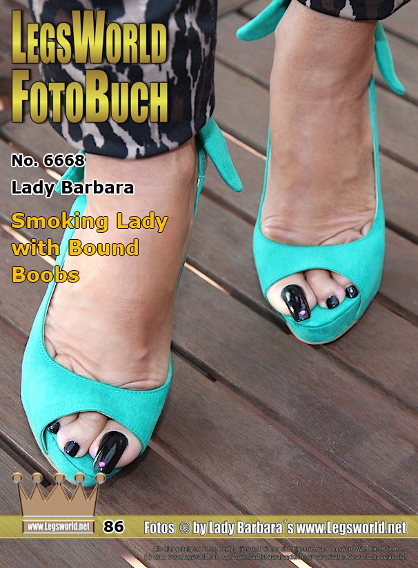 Ebook: 6668 - Lady Barbara
Smoking Lady with Bound Boobs
In a green sweater, tight tiger leggings and green suede mules with platform soles, I smoke a cigarette in the garden shortly before a date and then kick it out with my sexy shoes. Since my guest is not only on long black toenails but also on tightly bound boobs with tight chest elastics under the sweater, I had put them on beforehand. Thats why my boobs have this full and bulging form under the sweater.