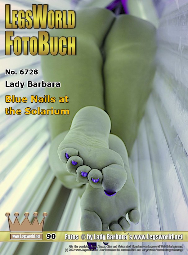 Ebook: 6728 - Lady Barbara
Blue Nails at the Solarium
I go to the sunbed 2-3 times a week so that my body and especially my feet are always tanned in a crisp brown for the photos and clips. Today you can be there again and watch me lying there naked with blue nail polish on my toes and how I am slowly tanning. Do you want to have to smell my hot soles? Clean the spaces between the toes with your tongue? Or smell my after-notch, while your balls touch my foot soles?