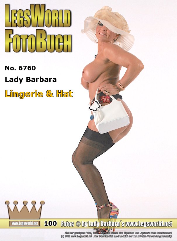 Ebook: 6760 - Lady Barbara
Lingerie & Hat
Today I am posing in front of a white wall with sexy underwear and a light beige summer hat, sheer nylon stockings on suspenders and 16 cm high, colorful sandals with extremely thin toe straps. They very hurt my toes. I also have a white handbag with me matching to my hat. Should I walk across a wanker parking lot in the summer? Well maybe in the evening, who knows?