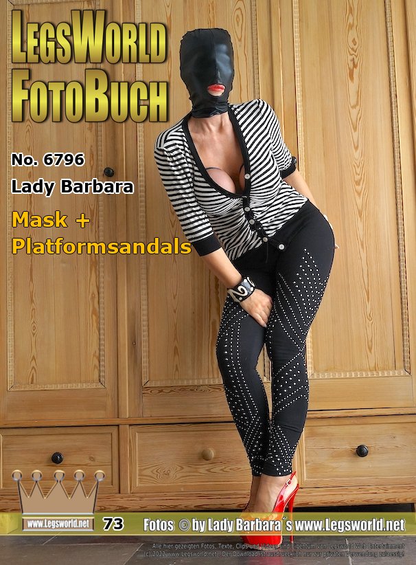 Ebook: 6796 - Lady Barbara
Mask + Platformsandals
For all mask fans: Today you can see me in  black leggings with rhinestones and super-sexy bright red patent leather sandals with platforms from the shoe boutique 1969 ITALY. Matching to the black leggings Im wearing my black full mask and of course I have tight rubber bands around my big boobs again, just as you like it.