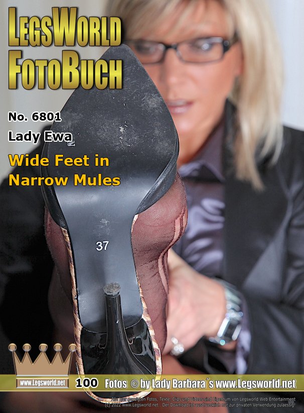 Ebook: 6801 - Lady Ewa
Wide Feet in Narrow Mules
Lady Ewa is sitting in a black costume and sheer black seamed nylons at the dining table and has her feet on the table. Look how much worn the soles of her high-heeled mules are and how wide her stinky nylon feet stick out over the sole. Get on your knees slave in front of your screen and humbly lick the Ladys shoe soles clean while she plays between her legs with her red polished fingers.