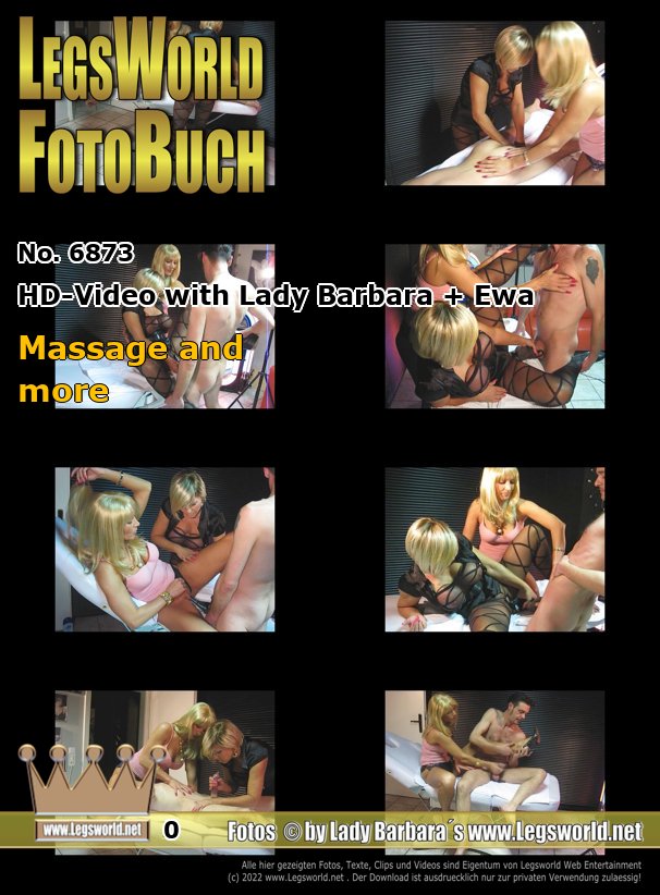 Ebook: 6873 - HD-Video with Lady Barbara + Ewa
Massage and more
Ewa and I have fun with member Markus on the treatment table. Handjob, footbob, blowjob ... he gets the full program. While I am massaging him, Ewa is milking his cock and balls with oily hands. With his cock in a pair of pumps, he can first fuck my pussy and then Ewa´s until we both are totally wet. Then we both wank his cock with a firm grip in our mouth cunts while he licks our pussys. At the end there is a load of cum on Ewa s bare pumps feet, with the cum running into her toe slits.