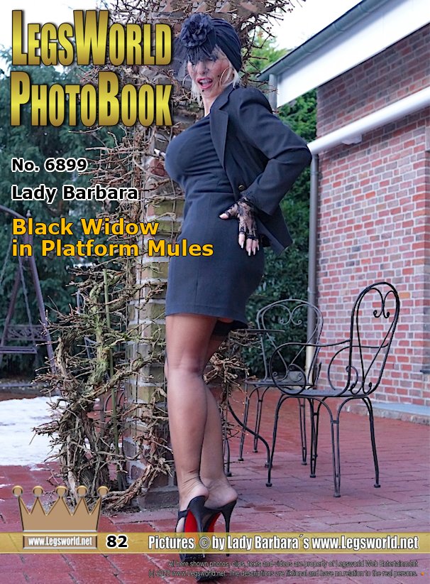 Ebook: 6899 - Lady Barbara
Black Widow in Platform Mules
Today I show myself on the terrace in very high, noble platform mules from the brand 1969 - Made in Italy. Additionally  Im wearing a black suit, graphite-colored nylon stockings and a black widows hat with a veil. As the sheer silky stockings begin to slip, I pull up my skirt to reattach them properly to the suspenders. Is there no one there to comfort the grieving widow?