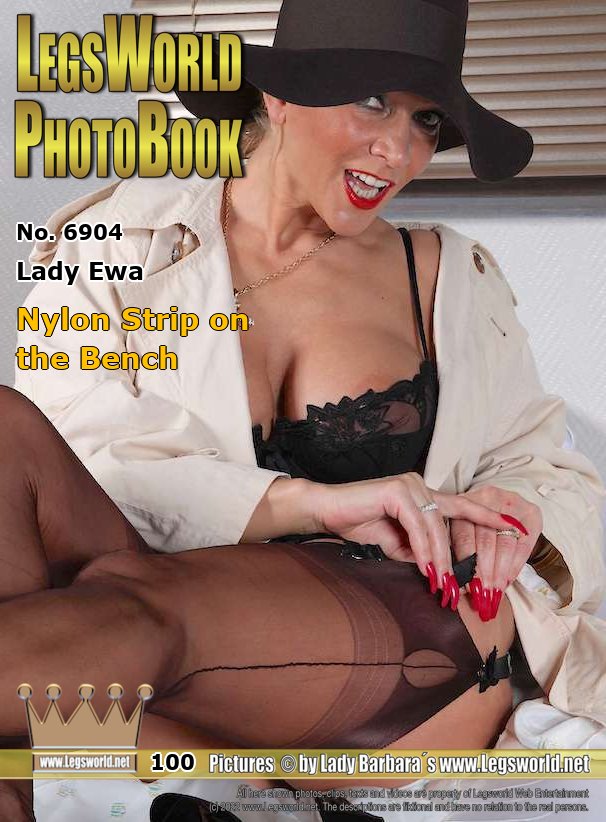 Ebook: 6904 - Lady Ewa
Nylon Strip on the Bench
Lady Ewa is sitting on the treatment bench in the basement with nylon stockings in a beige trench coat and a black hat. The sexy Polish woman slowly takes off her sheer brown seamed stockings and holds her bare soles into the camera. You can clearly see the underside of her long, artificial toe claws. The blonde hides her vagina under a touch of nylon panties. Hopefully someone will come and lick my stinky feet and my pussy soon she thinks.