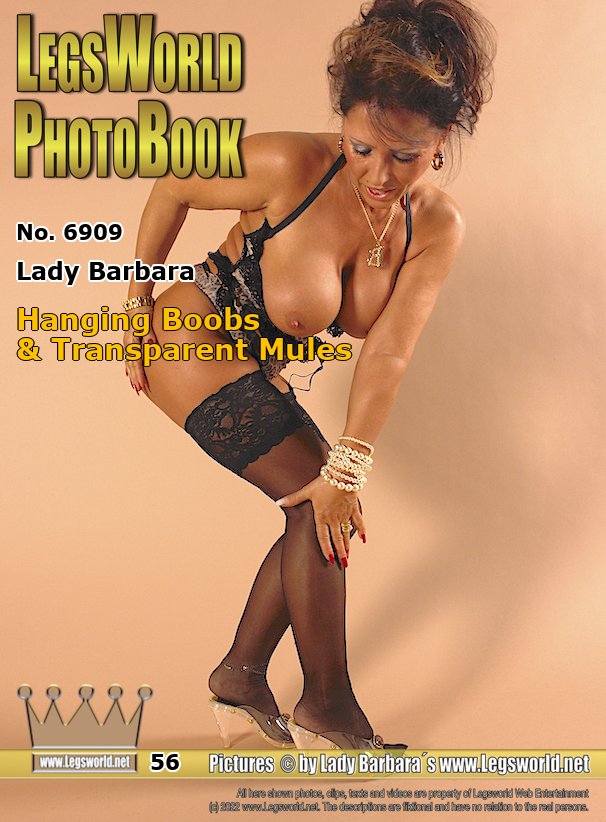 Ebook: 6909 - Lady Barbara
Hanging Boobs & Transparent Mules
Today I show you transparent mules in front of a beige wall in the studio. Ill present to you a topless corset in a tiger look so that my big boobs can hang freely. I also wear sheer nylon stockings with matching suspenders.Probably I will wear that underwear under a thin dress at the next dance evening in spring or summer.