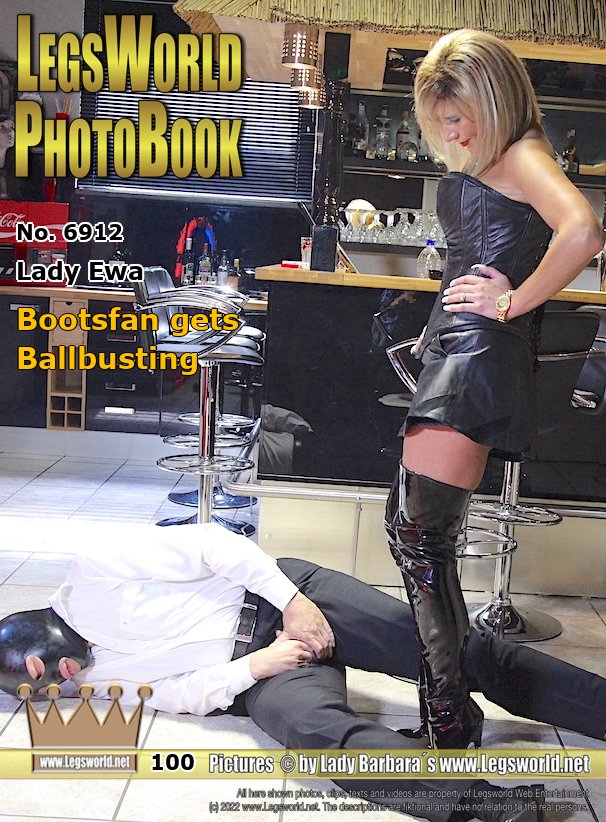 Ebook: 6912 - Lady Ewa
Bootsfan gets Ballbusting
Lady Ewa is sitting in heels and corset smoking at the bar when a masked slave comes in. Tom from Mannheim is totally into super high overknee boots and puts one of these pairs on the Lady´s legs right away. The thin heels and the black patent leather make the slave powerless. Kneeling on the floor, he may only touch the coveted objects with his tongue. With the first mistake he catches a hard kick between his legs. Again and again the blonde Mistress kicks his balls with her boots. You can see how he squirms quite well in the 6-minute video.