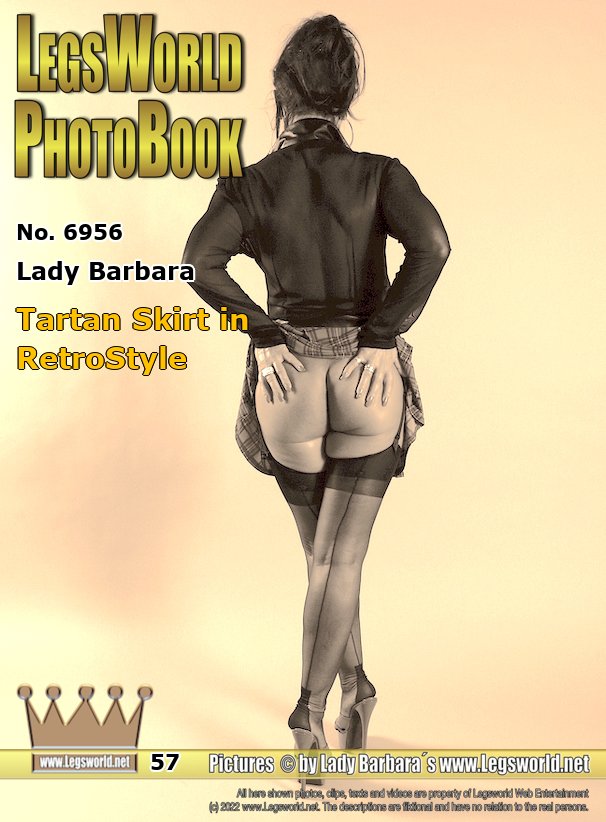 Ebook: 6956 - Lady Barbara
Tartan Skirt in RetroStyle
In this update in retro style, Im not just showing you my backside under a very short tartan skirt. In addition I wear thin black nylons and partly black patent leather pumps and partly very high patent leather mules with platforms. Under the transparent nylon blouse you can see my big boobs, which are tied with thin rubber bands. Thats how I like it.