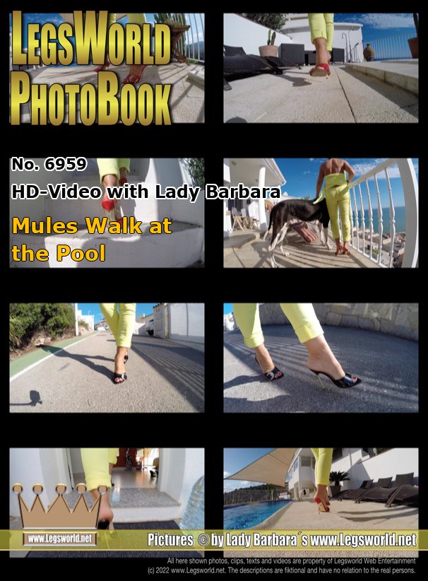 Ebook: 6959 - HD-Video with Lady Barbara
Mules Walk at the Pool
In Spain, I prefer to wear sheer clothes and high-heeled, wide-open mules and I like to have my nails long and always painted red. Today Im going to show you great slow-motion shots in yellow Capri pants of me stumbling around in stilettos in an almost cloudless sky in Spain. The camera follows me closely at the pool, on the stairs, on the terrace and on the street.