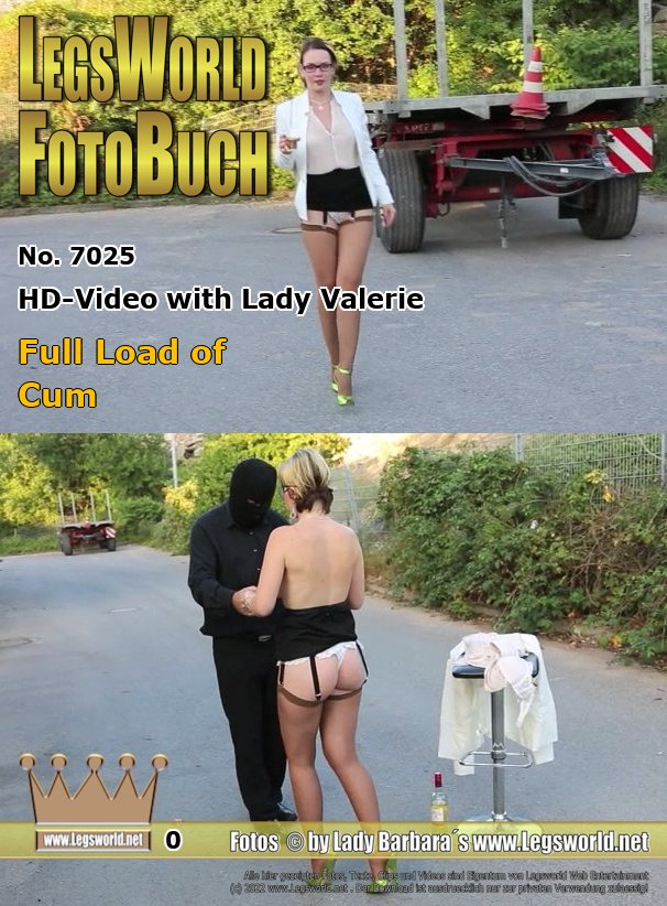 Ebook: 7025 - HD-Video with Lady Valerie
Full Load of Cum
Today, in the evening sun, heels Lady Valerie totters up and down the street in an industrial park like a real Eastern hooker in a short black skirt, sheer nylon stockings on suspenders and green 16 cm high heeled designer sandals. After pushing up her skirt, a masked man leads her to a fence. There, the half-naked Russian has to let a masturbating member jerk on her legs.