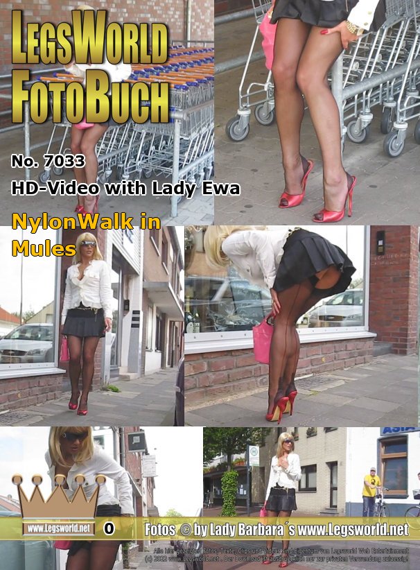 Ebook: 7033 - HD-Video with Lady Ewa
NylonWalk in Mules
In this video series, when the weather is nice, Lady Ewa strolls through some Places on the Lower Rhine in a short flared skirt (the kind of mini skirt where you "accidentally" can show everything if you just bend down slightly), sheer seamed nylons on suspenders and worn-out 16cm high heeled mules . Today the blonde Polish woman visited a well-known supermarket chain in Willich, not far from my home. I think she went there on foot.