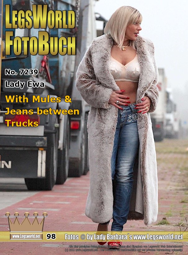 Ebook: 7239 - Lady Ewa
With Mules & Jeans between Trucks
In the cold, Lady Ewa stumbles barefoot in mules in the middle of trucks. Under her open fur coat, the sexy blonde is only wearing a pointed bag bra from the 1950s, in addition to blue jeans. It