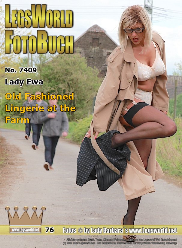 Ebook: 7409 - Lady Ewa
Old Fashioned Lingerie at the Farm
Today Lady Ewa is out and about in old fashioned lingerie under her trench coat on a country road in Krefeld near the river Rhine at a farm. The Polish beauty also wears sheer, dark-brown nylon stockings and 14 cm high tiger pumps with open toes. Is she the wanking template here and now for the man in the background? It seems that way, because as soon as the blonde starts to open her coat, the young man quickly comes closer and closer.