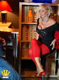 Lady Barbara : In the small champagne bar, the foot stallion tampered with my feet in the afternoon. First he smells my sweaty feet in the mules, then I can finally feel his big cock under my toes. After a short trampling action, he jerked the first full load of sperm on my bare red-painted toes. But as you know the stallion, there is more to come out of his big balls.
