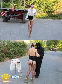 HD-Video with Lady Valerie : Today, in the evening sun, heels Lady Valerie totters up and down the street in an industrial park like a real Eastern hooker in a short black skirt, sheer nylon stockings on suspenders and green 16 cm high heeled designer sandals. After pushing up her skirt, a masked man leads her to a fence. There, the half-naked Russian has to let a masturbating member jerk on her legs.